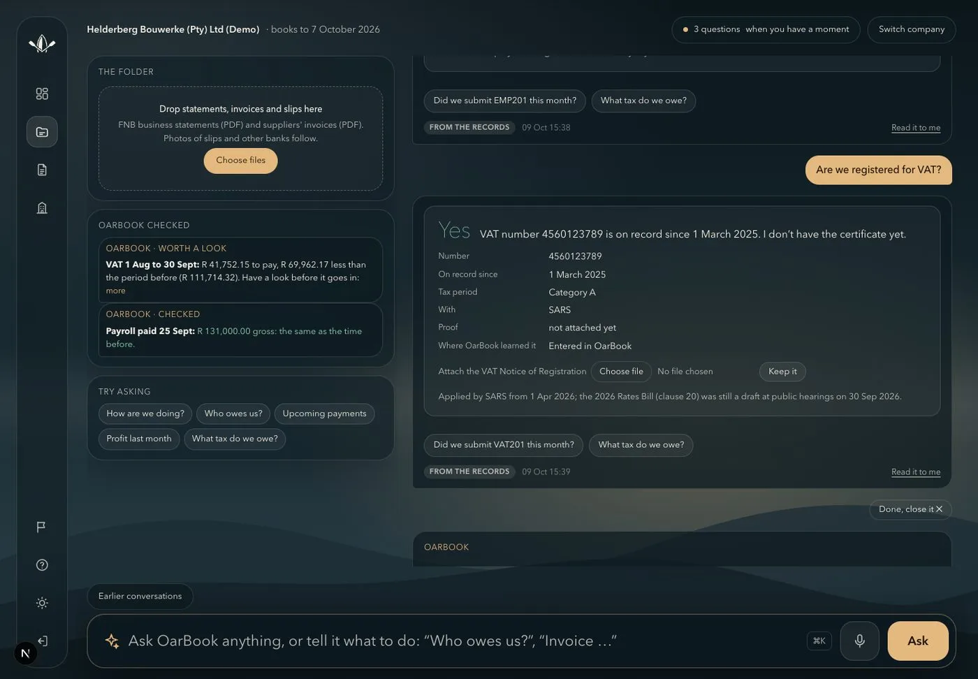 OarBook answering “Are we registered for VAT?” with Yes, the VAT number and the date (a demo company)