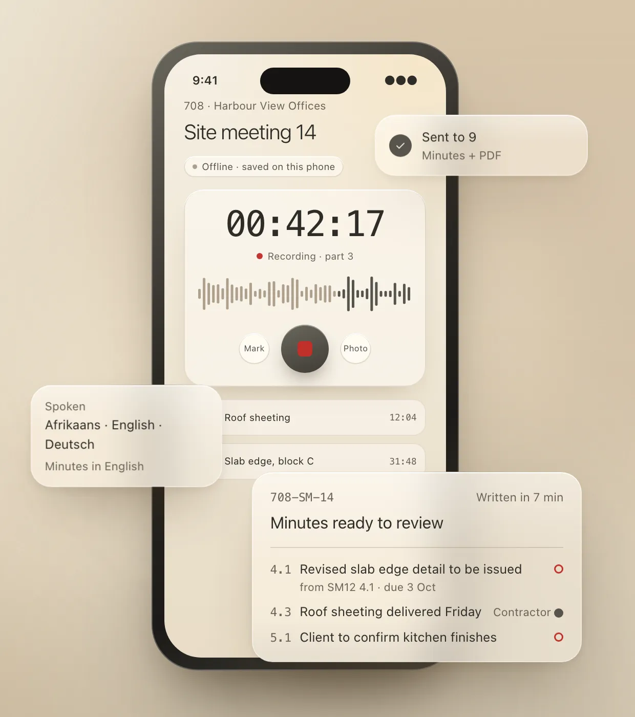SiteMinutes on a phone, recording site meeting 14, with the minutes sent to 9 people